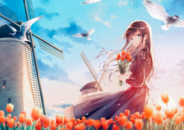 Anime picture 1200x848 with original hiten (hitenkei) single long hair looking at viewer fringe blue eyes brown hair standing holding sky cloud (clouds) outdoors long sleeves parted lips wind sunlight girl dress flower (flowers)