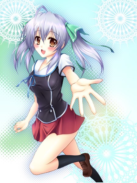 Anime picture 1200x1600 with yumekui merry tachibana isana pass-d (artist) single long hair tall image blush open mouth twintails brown eyes silver hair ahoge outstretched arm girl skirt miniskirt serafuku