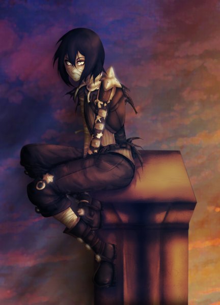 Anime picture 2000x2774 with original narutolover6219 single tall image highres short hair black hair sitting torn clothes white eyes girl bandage (bandages)