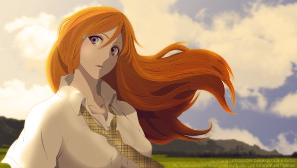 Anime picture 4240x2400 with bleach studio pierrot inoue orihime palmereap single long hair highres wide image absurdres cloud (clouds) orange hair coloring girl shirt necktie