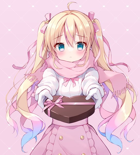 Anime-Bild 1000x1107 mit original izuminanase single long hair tall image looking at viewer blush simple background blonde hair twintails ahoge aqua eyes loli pink background outstretched hand valentine girl skirt gloves ribbon (ribbons)
