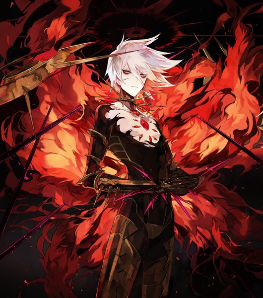 Anime picture 800x906 with fate (series) fate/apocrypha karna (fate) mo (mocopo) single tall image looking at viewer fringe short hair hair between eyes silver hair from below silver eyes hands clasped interlocked fingers boy single earring flame spikes scratch