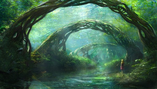 Anime picture 1200x685 with edli (artist) long hair blonde hair wide image river girl plant (plants) tree (trees) forest