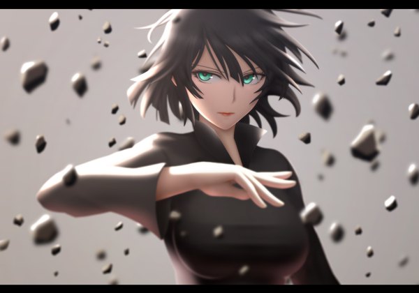 Anime picture 1300x910 with one-punch man madhouse fubuki (one-punch man) siraha single looking at viewer short hair black hair green eyes grey background girl dress