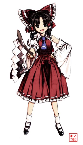 Anime picture 1220x2131 with touhou hakurei reimu mushroom (osh320) single tall image looking at viewer open mouth black hair simple background smile standing white background signed full body black eyes hand on hip traditional media girl skirt bow