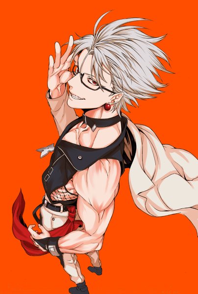 Anime picture 1011x1500 with guilty gear chipp zanuff iro marimo single tall image looking at viewer fringe short hair simple background smile red eyes standing bare shoulders silver hair full body looking back from above off shoulder grin muscle