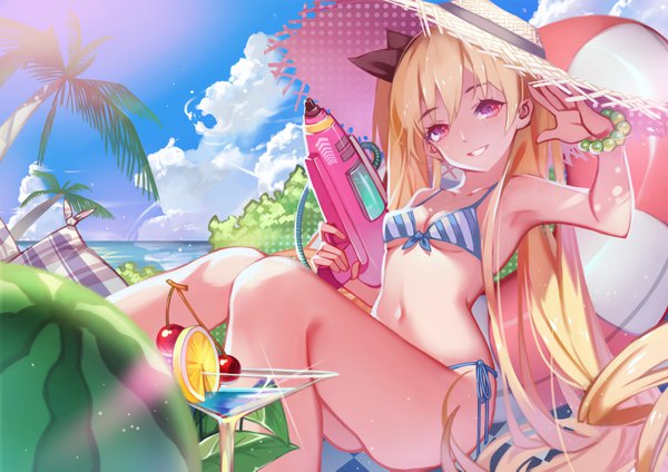 Anime picture 4092x2893 with original yamakawa (pixiv9906035) single looking at viewer highres breasts light erotic blonde hair smile sitting twintails holding absurdres sky outdoors very long hair head tilt pink eyes arm up depth of field