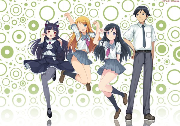 Anime picture 1000x701 with ore no imouto ga konna ni kawaii wake ga nai gokou ruri kousaka kirino aragaki ayase kousaka kyousuke caidychen long hair short hair blue eyes black hair red eyes purple eyes multiple girls animal ears cat ears orange hair hand on hip girl dress boy