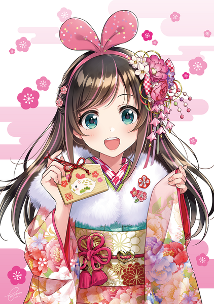 Anime-Bild 783x1113 mit virtual youtuber a.i. channel kizuna ai morikura en single long hair tall image looking at viewer blush fringe open mouth simple background smile brown hair holding traditional clothes :d japanese clothes multicolored hair hair flower