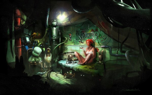 Anime picture 1280x800 with original tagme (artist) single long hair short hair wide image sitting red hair orange hair graffiti girl thighhighs bed striped thighhighs t-shirt bunny wall room robot doll (dolls)