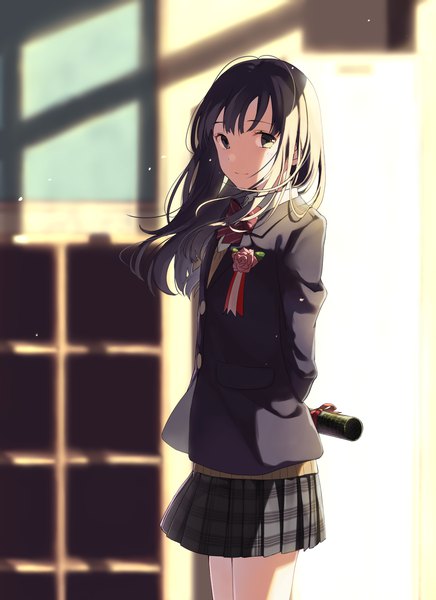 Anime picture 1170x1610 with original aiko (aiko 54) single long hair tall image looking at viewer black hair standing light smile wind black eyes blurry shadow shaded face hands behind back graduation girl uniform school uniform