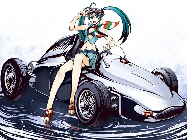 Anime picture 1000x750 with vocaloid hatsune miku torigoe takumi long hair open mouth twintails green eyes nail polish green hair girl skirt navel miniskirt ground vehicle goggles car