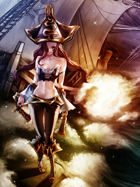 Anime picture 750x1000 with league of legends miss fortune (league of legends) waterring single long hair tall image fringe light erotic brown hair bare shoulders brown eyes hair over one eye midriff pirate girl navel weapon gun