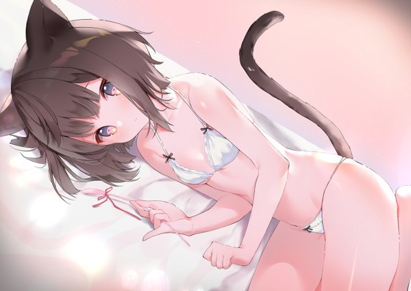 Anime picture 1500x1066 with original cona kinaco single looking at viewer blush fringe short hair breasts light erotic brown hair holding animal ears payot tail lying animal tail pink eyes cat ears cat girl cat tail