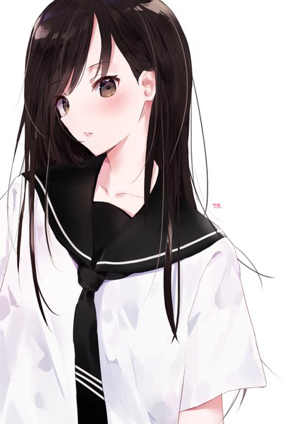 Anime picture 709x1026 with original tr (hareru) single long hair tall image looking at viewer blush simple background brown hair white background brown eyes signed upper body girl uniform serafuku necktie