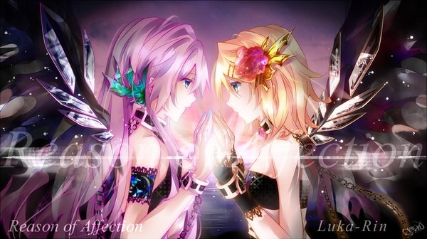 Anime picture 1300x730 with vocaloid megurine luka kagamine rin tyouya long hair fringe short hair breasts blonde hair wide image bare shoulders multiple girls nail polish profile hair flower aqua eyes fingernails alternate costume face to face girl