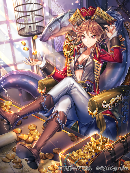 Anime picture 600x800 with original interitio single tall image looking at viewer short hair brown hair sitting pink eyes girl hat animal jacket boots fish (fishes) coin (coins)