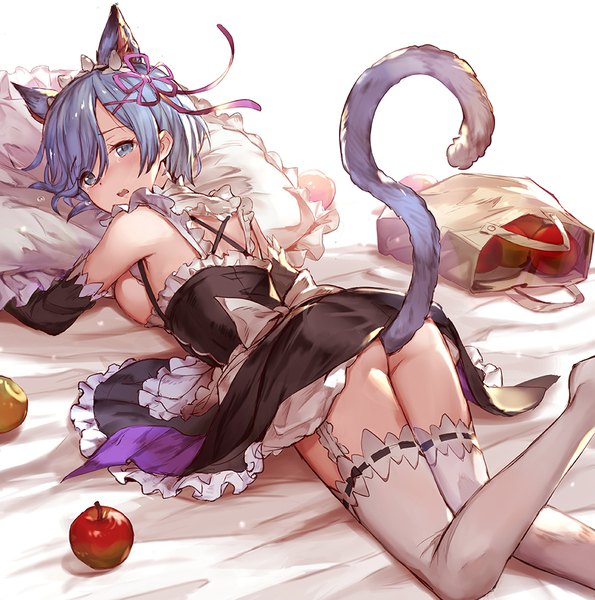 Anime picture 900x908 with re:zero kara hajimeru isekai seikatsu white fox rem (re:zero) 77gl single tall image looking at viewer blush fringe short hair breasts open mouth blue eyes light erotic hair between eyes animal ears blue hair bent knee (knees) ass tail