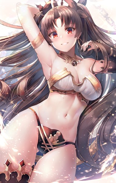 Anime picture 922x1456 with fate (series) fate/grand order ishtar (fate) motokonut single long hair tall image looking at viewer blush fringe breasts light erotic black hair smile red eyes large breasts standing cleavage arm up sparkle