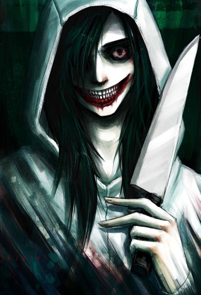 Anime picture 850x1246 with creepypasta jeff the killer ajgiel single long hair tall image fringe smile red eyes signed green hair hair over one eye teeth crazy smile crazy horror creepy boy hood knife