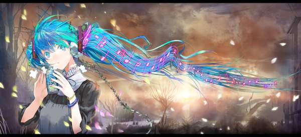 Anime picture 1490x680 with vocaloid hatsune miku fuyuno haruaki single wide image twintails sky cloud (clouds) very long hair aqua hair evening sunset music girl plant (plants) petals tree (trees) bracelet headphones drink