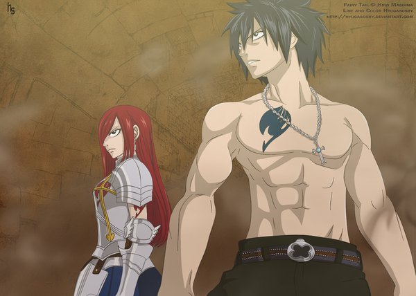 Anime picture 1820x1300 with fairy tail erza scarlet gray fullbuster hyugasosby long hair fringe highres short hair black hair red hair profile black eyes hair over one eye tattoo coloring smoke muscle girl boy armor