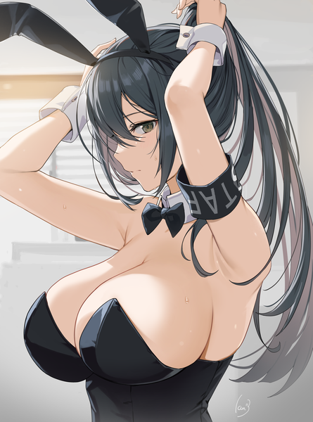 Anime picture 2756x3720 with original ikomochi single long hair tall image looking at viewer blush fringe highres breasts light erotic black hair hair between eyes large breasts green eyes signed animal ears payot cleavage upper body