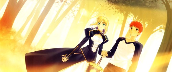 Anime picture 7624x3195 with fate (series) fate/stay night studio deen type-moon artoria pendragon (all) saber emiya shirou highres wide image dualscreen