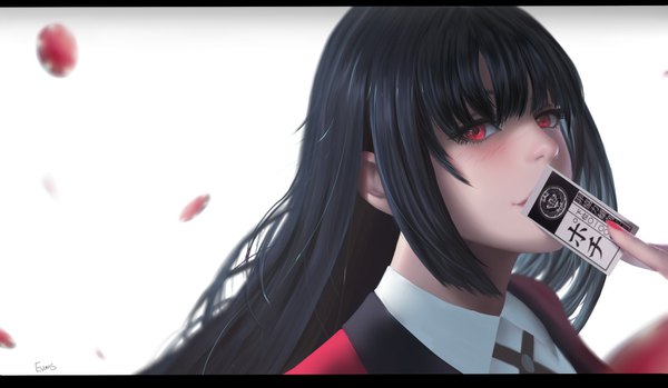 Anime picture 1399x815 with kakegurui jabami yumeko uu (pixiv11319066) single long hair looking at viewer blush fringe black hair simple background red eyes wide image white background holding payot upper body blunt bangs nail polish depth of field letterboxed