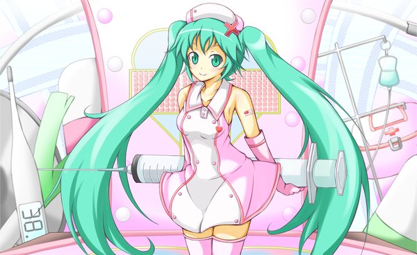 Anime picture 1059x650 with vocaloid hatsune miku karamoneeze single long hair smile wide image twintails bare shoulders green eyes green hair nurse girl thighhighs gloves