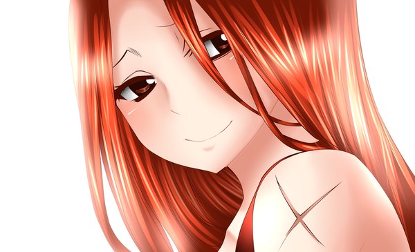Anime picture 1024x623 with fairy tail flare corona mmdlucyextend single long hair simple background smile wide image white background orange hair orange eyes coloring scar close-up face girl