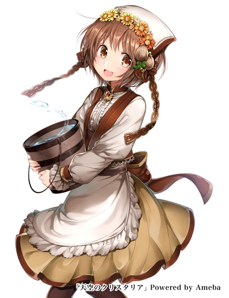 Anime picture 771x1000 with original yukinokoe single tall image looking at viewer blush short hair open mouth brown hair white background brown eyes girl dress hair ornament apron bonnet bucket