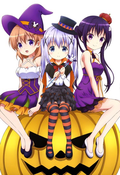 Anime picture 4094x5932 with gochuumon wa usagi desu ka? white fox nyantype kafuu chino hoto cocoa tedeza rize long hair tall image looking at viewer highres open mouth blue eyes smile brown hair sitting twintails purple eyes multiple girls blue hair absurdres