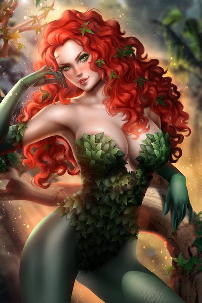 Anime picture 3000x4501 with batman dc comics poison ivy ayyasap single long hair tall image looking at viewer blush highres breasts light erotic large breasts standing green eyes signed cleavage outdoors red hair parted lips