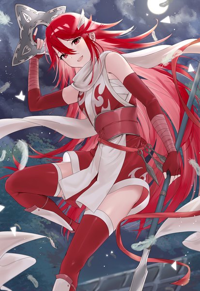 Anime picture 1152x1675 with fire emblem fire emblem awakening nintendo cordelia (fire emblem) haru (nakajou-28) single long hair tall image looking at viewer fringe open mouth hair between eyes red eyes standing holding bent knee (knees) outdoors red hair :d arm up