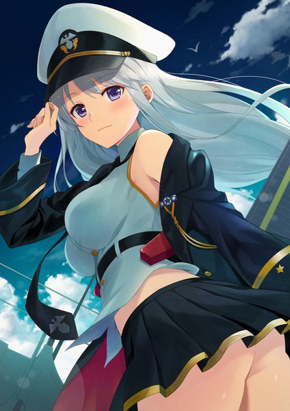 Anime-Bild 827x1169 mit azur lane enterprise (azur lane) azuki yui single long hair tall image looking at viewer blush fringe breasts light erotic purple eyes sky silver hair cloud (clouds) ass outdoors pleated skirt looking back wind