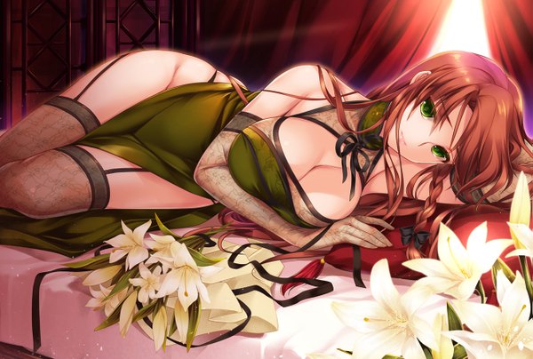 Anime picture 1335x900 with touhou hong meiling moneti (daifuku) single long hair looking at viewer breasts light erotic large breasts bare shoulders green eyes red hair braid (braids) girl thighhighs gloves flower (flowers) elbow gloves bouquet
