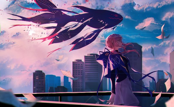 Anime picture 4000x2480 with virtual youtuber kamitsubaki studio virtual kaf kaf (kamitsubaki studio) laplace (kamitsubaki studio) re:rin single long hair highres wide image looking away pink hair absurdres sky cloud (clouds) outdoors profile wind girl animal