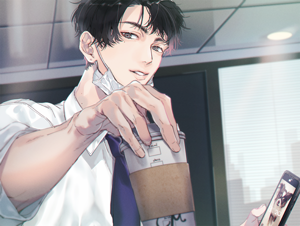Anime picture 1100x831 with original nicocco (guru) single looking at viewer fringe short hair black hair holding upper body indoors parted lips mole grey eyes mole under eye mask pull boy shirt necktie white shirt mobile phone