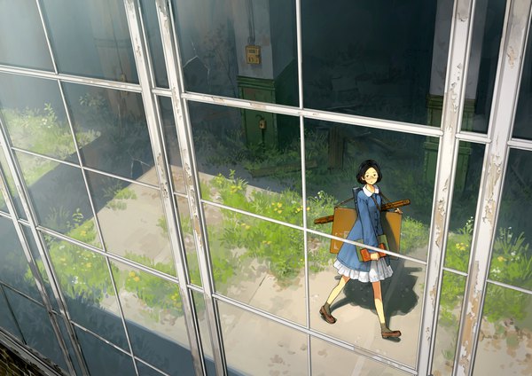 Anime picture 1697x1200 with original yoshida seiji single looking at viewer short hair black hair from above shadow walking ruins carrying overgrown girl dress glasses window