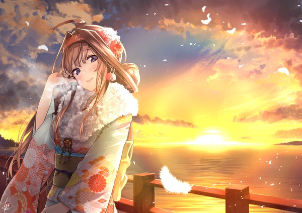 Anime picture 3035x2149 with kantai collection kongou battleship baffu single long hair looking at viewer blush highres blue eyes brown hair standing purple eyes signed payot absurdres sky cloud (clouds) upper body ahoge long sleeves