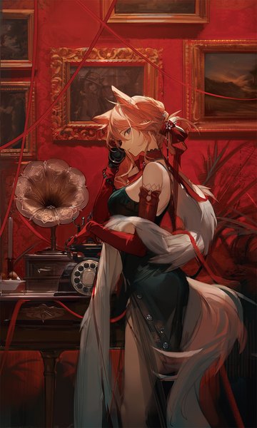 Anime picture 899x1500 with arknights heidi (arknights) kumata (pinggai) single tall image looking at viewer fringe short hair breasts blue eyes hair between eyes standing bare shoulders holding animal ears payot parted lips profile arm up orange hair