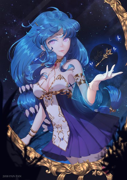 Anime picture 1000x1415 with original panpanmeiyou hp single long hair tall image looking at viewer breasts purple eyes signed blue hair cleavage 2018 girl dress gloves bracelet white gloves star (stars) mirror key