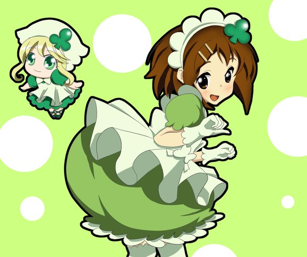 Anime picture 1757x1474 with k-on! shugo chara! kyoto animation hirasawa yui suu (shugo chara!) tagme (artist) blush highres open mouth smile brown hair multiple girls brown eyes green eyes chibi polka dot frilly skirt crossover polka dot background girl