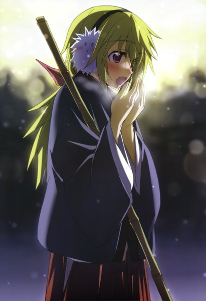 Anime picture 4083x5952 with infinite stratos 8bit nyantype charles dunois single long hair tall image blush highres open mouth blonde hair purple eyes absurdres japanese clothes official art cold girl headphones broom