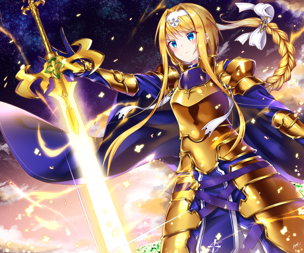 Anime picture 4536x3773 with sword art online sword art online: alicization a-1 pictures alice zuberg niyu n iyun single long hair blush highres blue eyes blonde hair payot looking away absurdres sky braid (braids) outstretched arm single braid girl bow