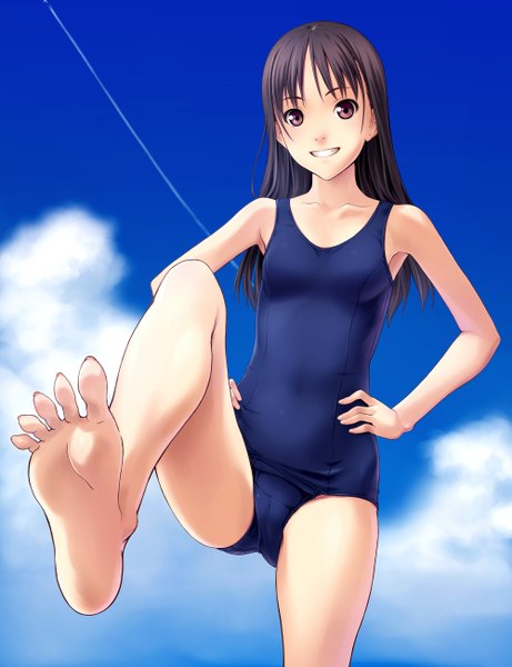 Anime picture 2000x2600 with original norizou type-r long hair tall image highres light erotic black hair smile brown eyes barefoot legs girl swimsuit