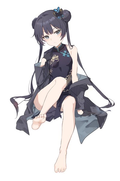 Anime picture 2000x3000 with blue archive kisaki (blue archive) chenmu sora single long hair tall image highres light erotic black hair simple background white background sitting twintails full body traditional clothes barefoot bare legs grey eyes hair bun (hair buns) chinese clothes