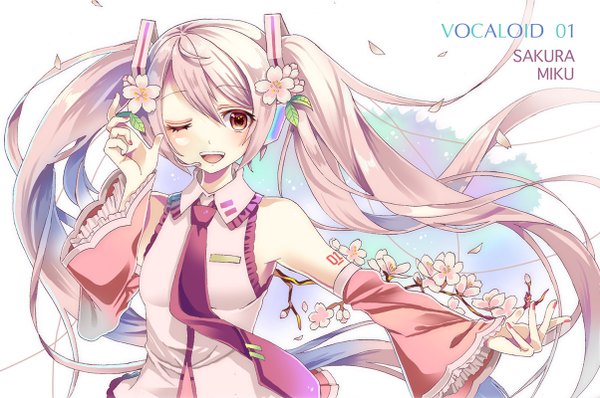 Anime picture 1204x800 with vocaloid hatsune miku sakura miku okutani toro single looking at viewer blush open mouth twintails bare shoulders pink hair very long hair nail polish one eye closed pink eyes wink character names cherry blossoms pink nail polish girl