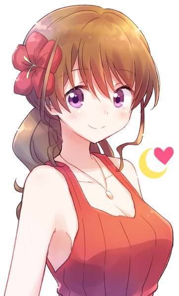 Anime picture 2468x4093 with eternity: shinya no nurekoi channel narusa miku nyaa (nnekoron) single long hair tall image looking at viewer blush highres smile brown hair purple eyes cleavage upper body hair flower sleeveless low ponytail crescent girl flower (flowers)